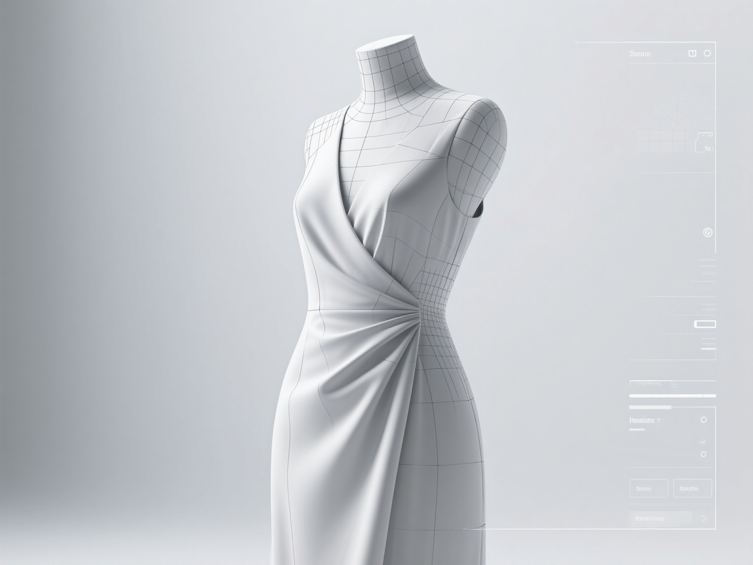 Digital 3D garment simulation with detailed fabric textures and wireframe on clean background