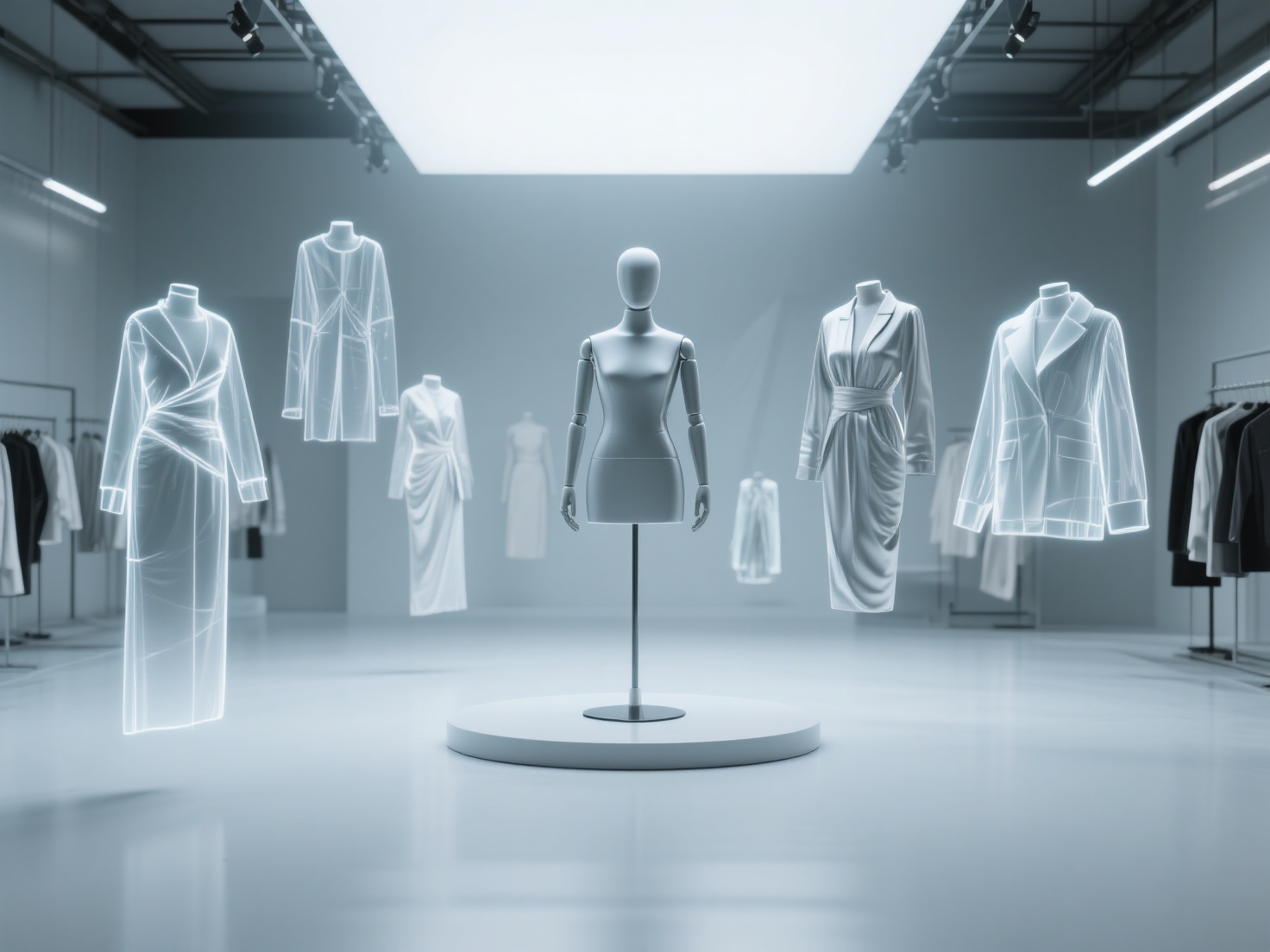 3D fashion design studio with holographic garments showcasing technology transforming fashion industry