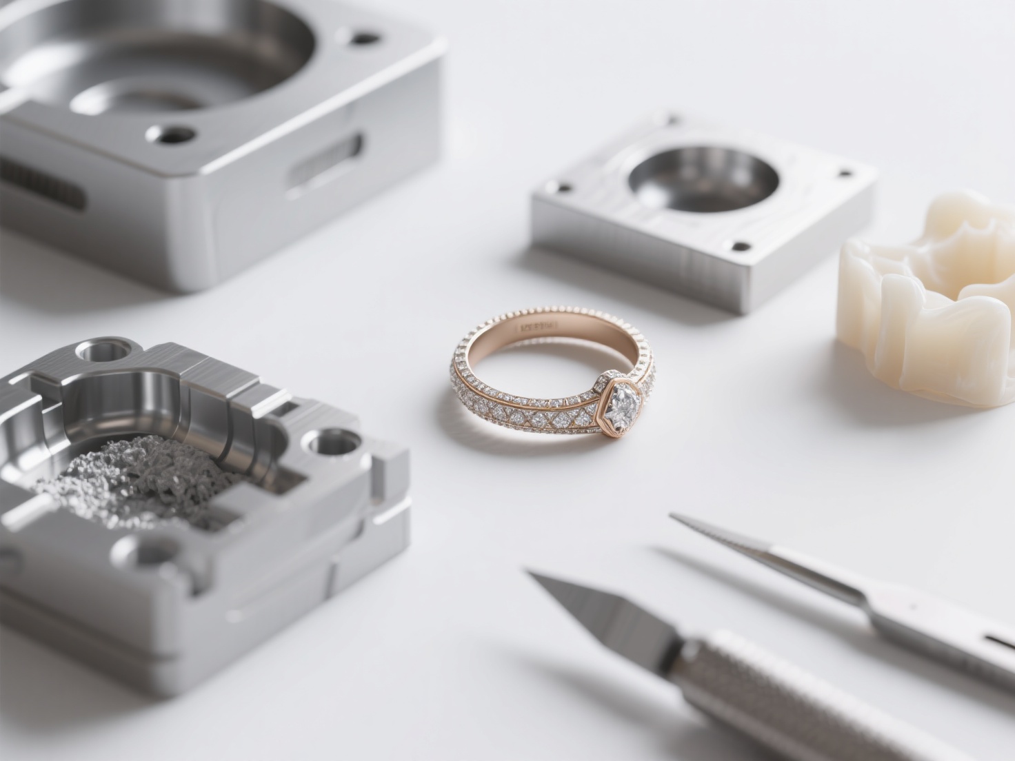 Close-up 3D render of jewelry wax prototype and investment casting mold with tools