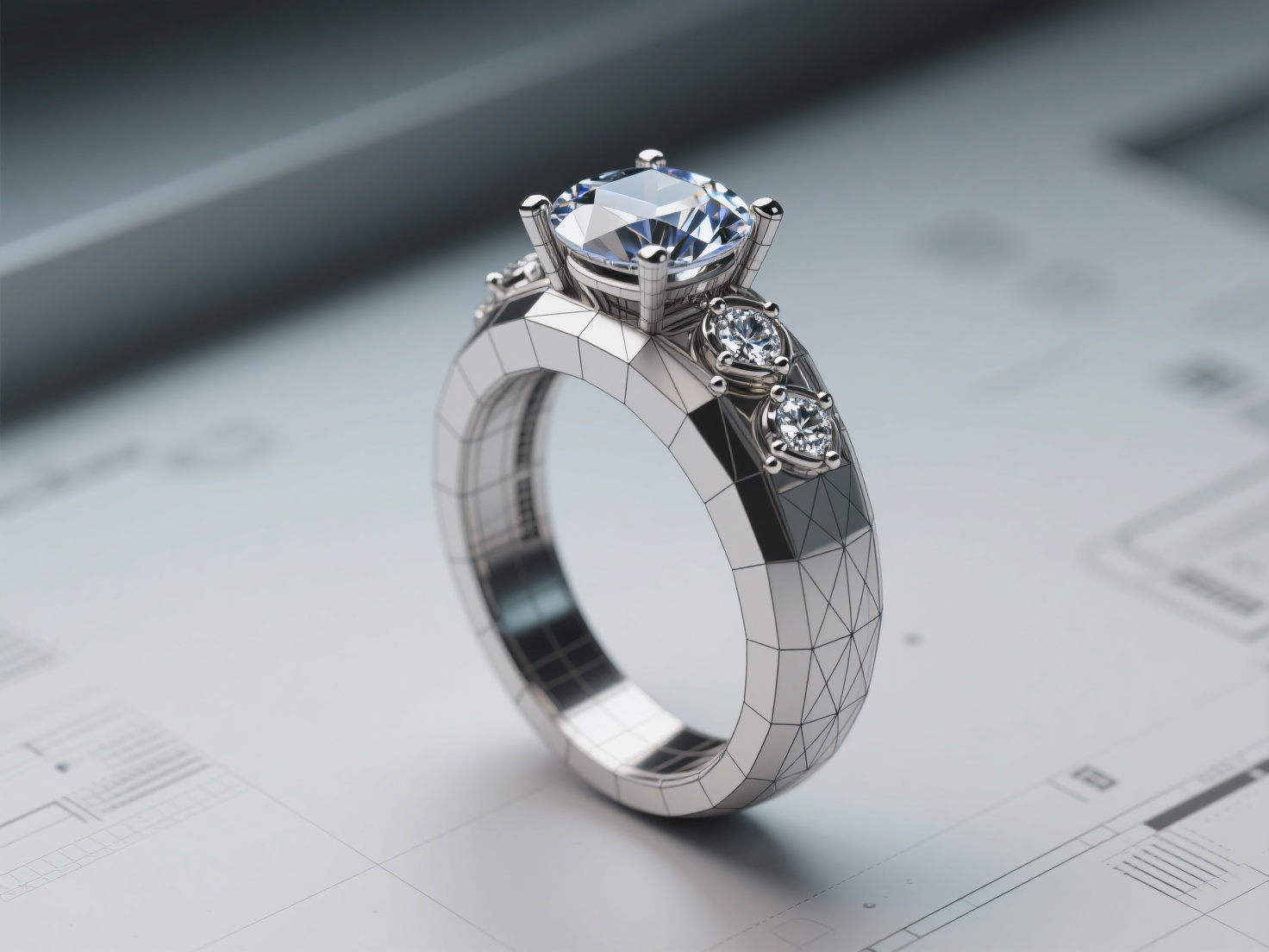 Close-up 3D render of jewelry CAD model showing polygon and NURBS surface modeling with gemstone settings