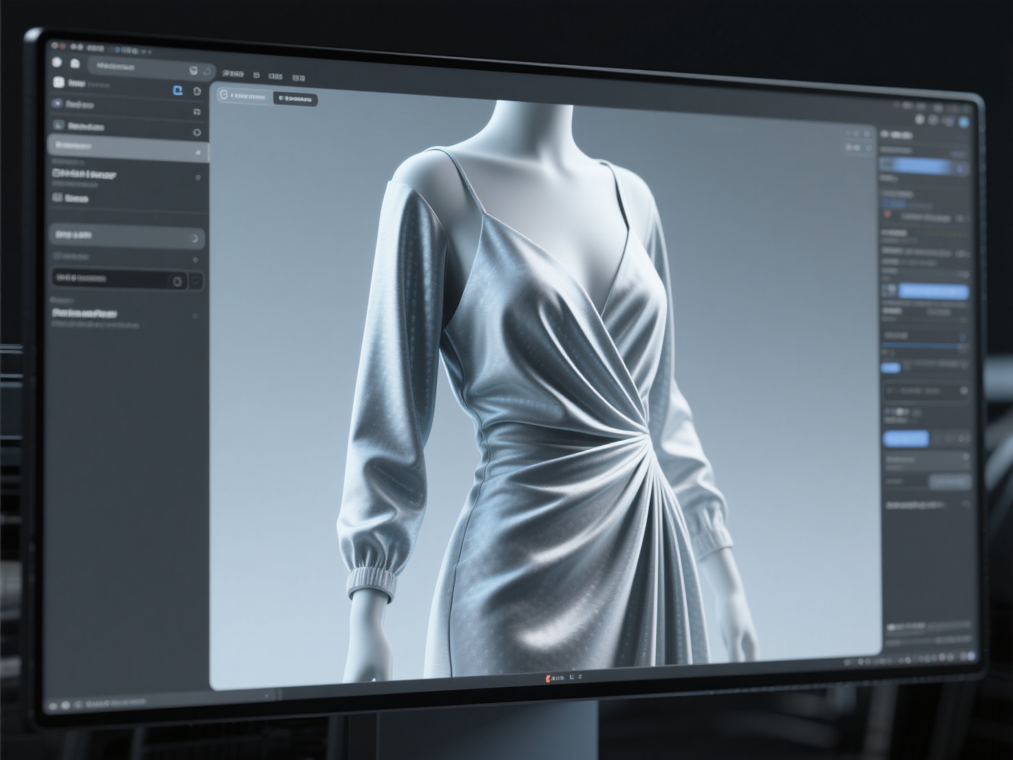 Close-up 3D garment simulation with realistic fabric textures on digital fashion software screen