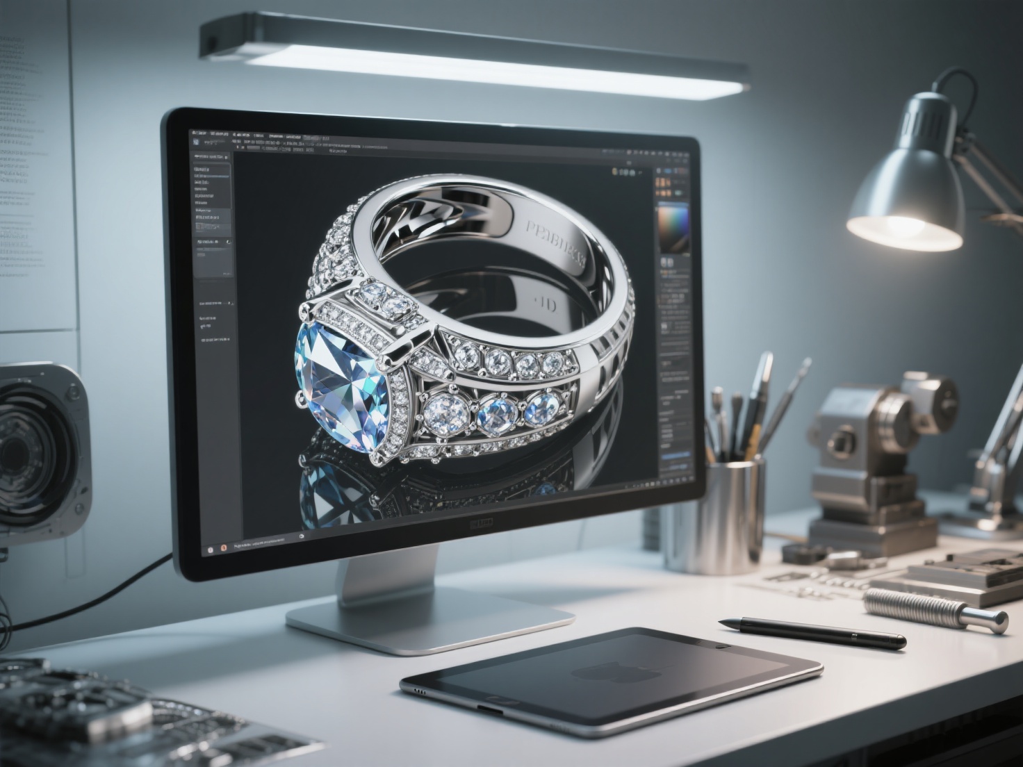 Close-up 3D render of a jewelry CAD workstation showing ring model and design tools