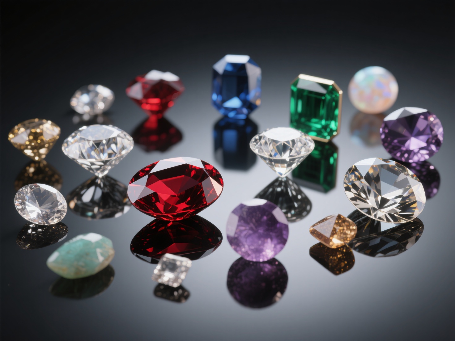 Photorealistic 3D render of various precious and semi-precious gemstones on reflective surface
