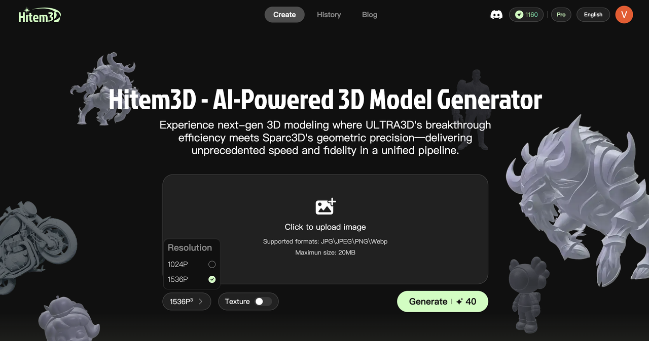 Hitem3D AI-powered 3D model generator interface with selectable 1536³ resolution for creating print-grade high-precision meshes