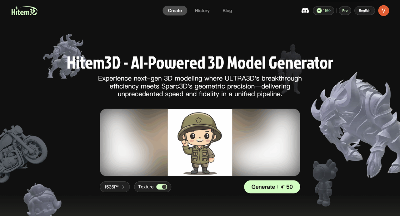 Hitem3D AI-powered image-to-3D generator converting a 2D character into a 1536³ print-grade textured 3D model