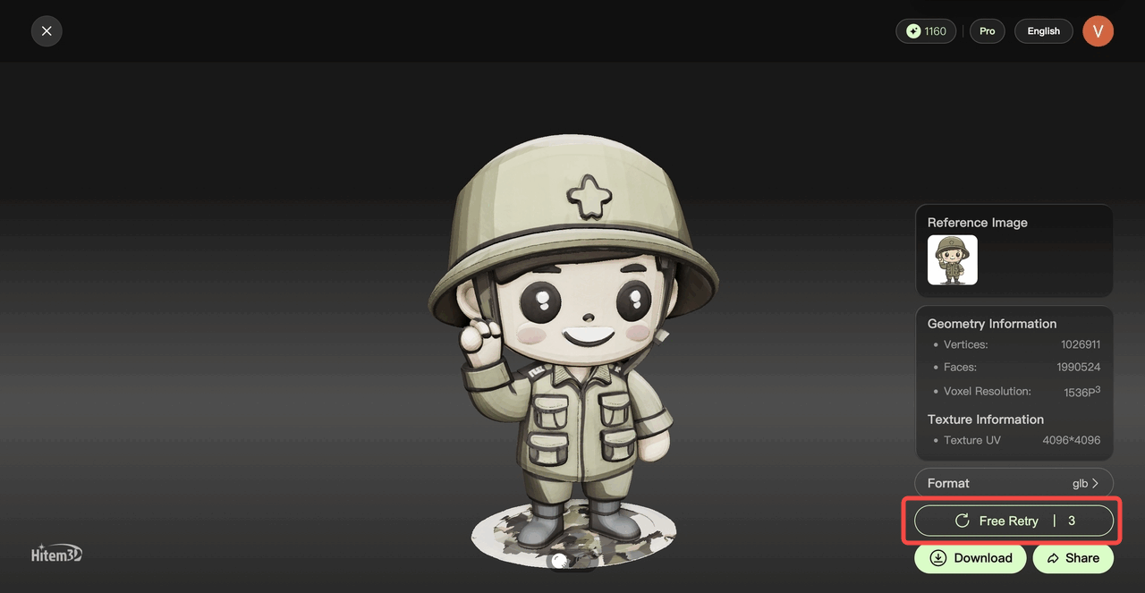 Hitem3D AI-generated print-grade 3D character model interface showing free retry option, geometry stats, and downloadable GLB file