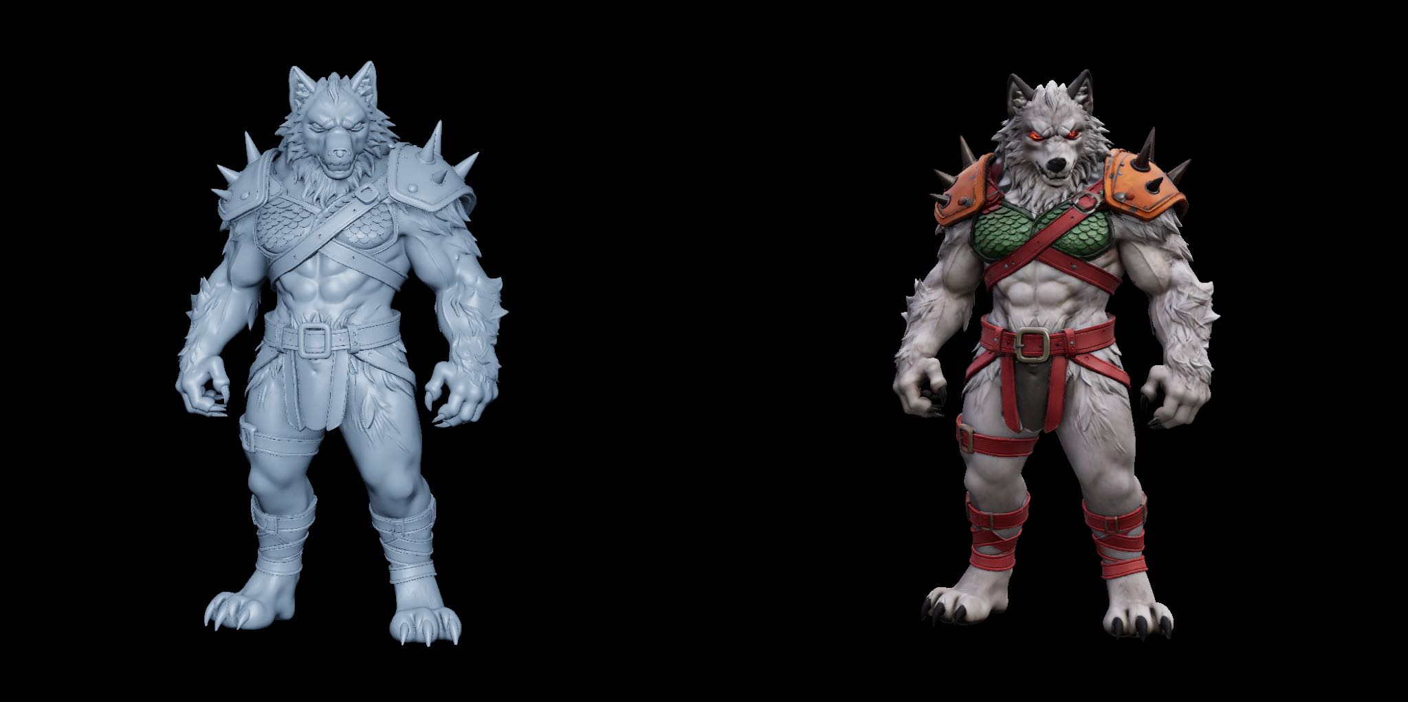 Fantasy werewolf warrior 3D model, gray vs textured render, game character