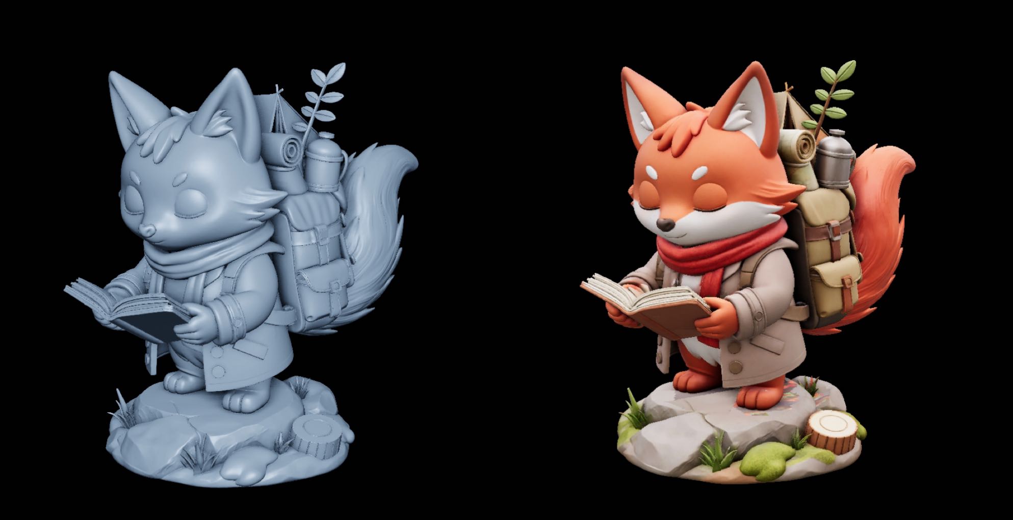 Cute adventurer fox 3D model, reading figurine, gray vs textured render