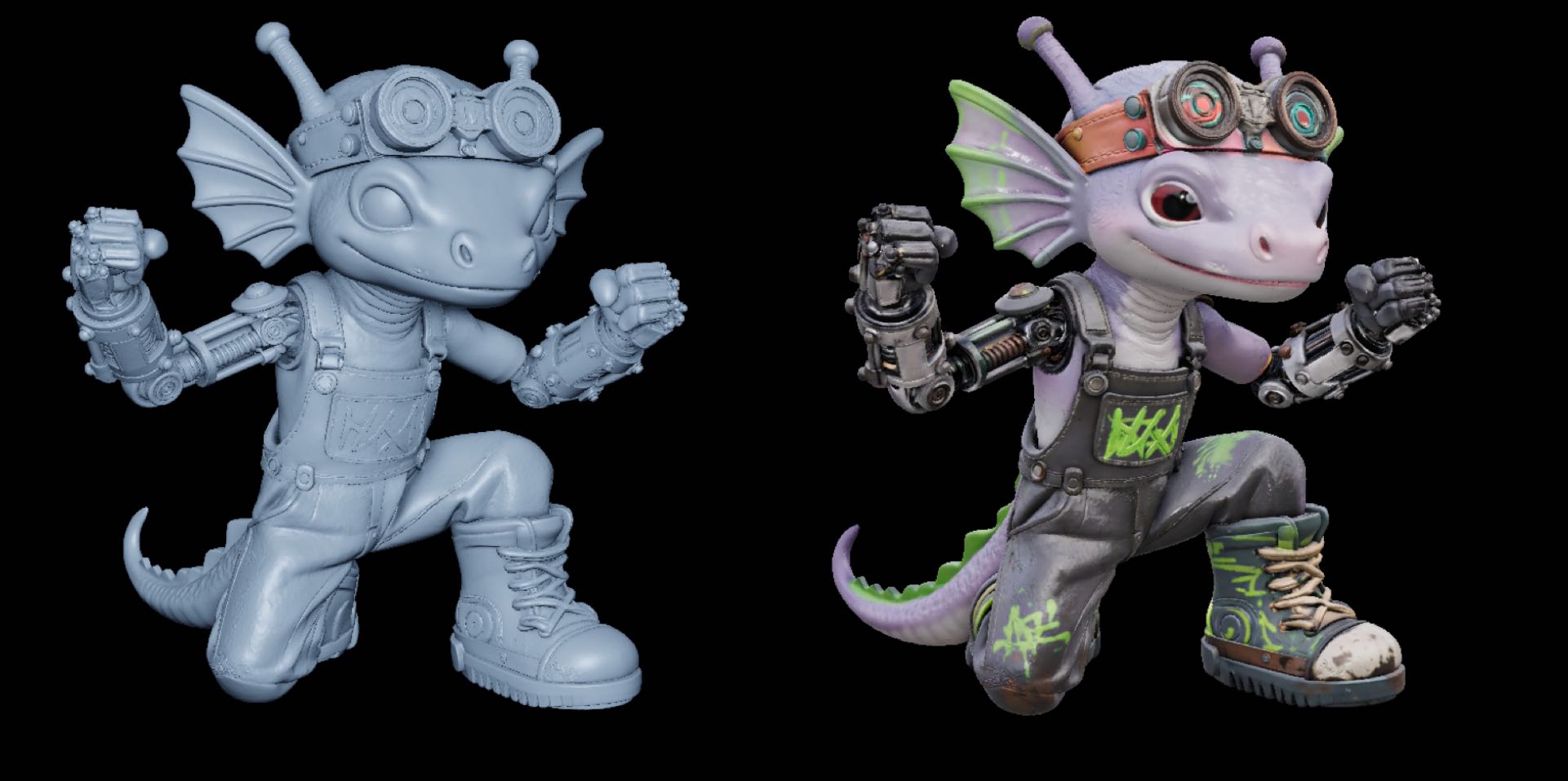 Cyberpunk axolotl character, 3D model gray vs textured render, steampunk creature