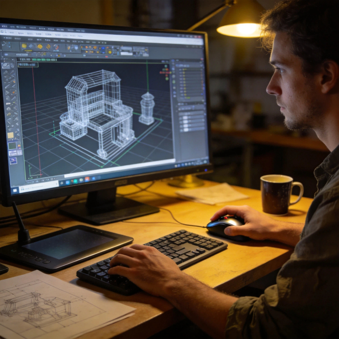 3D modeling workflow, CAD design with Claude AI, professional 3D artist at work
