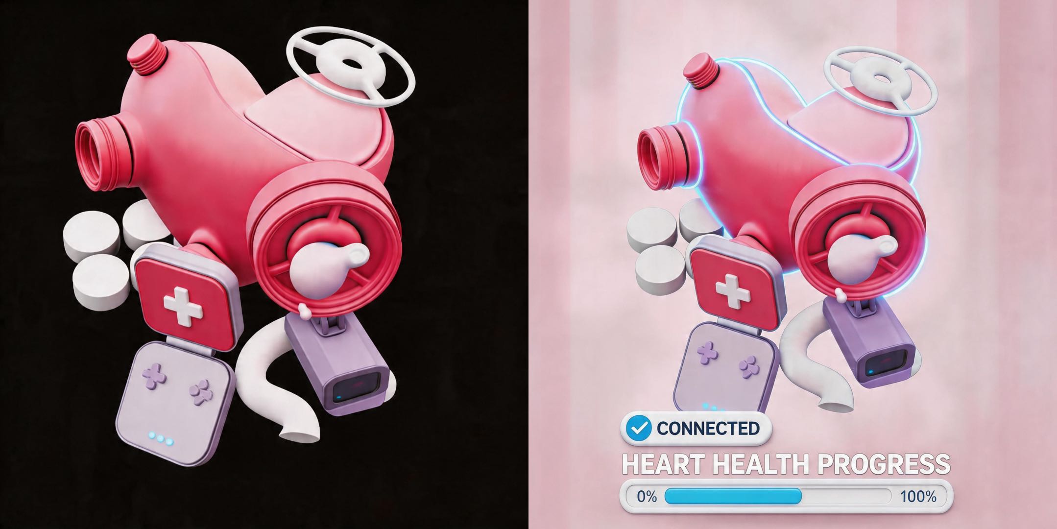 Stylized heart-shaped device 3D model, medical tech gadget, gray vs textured render