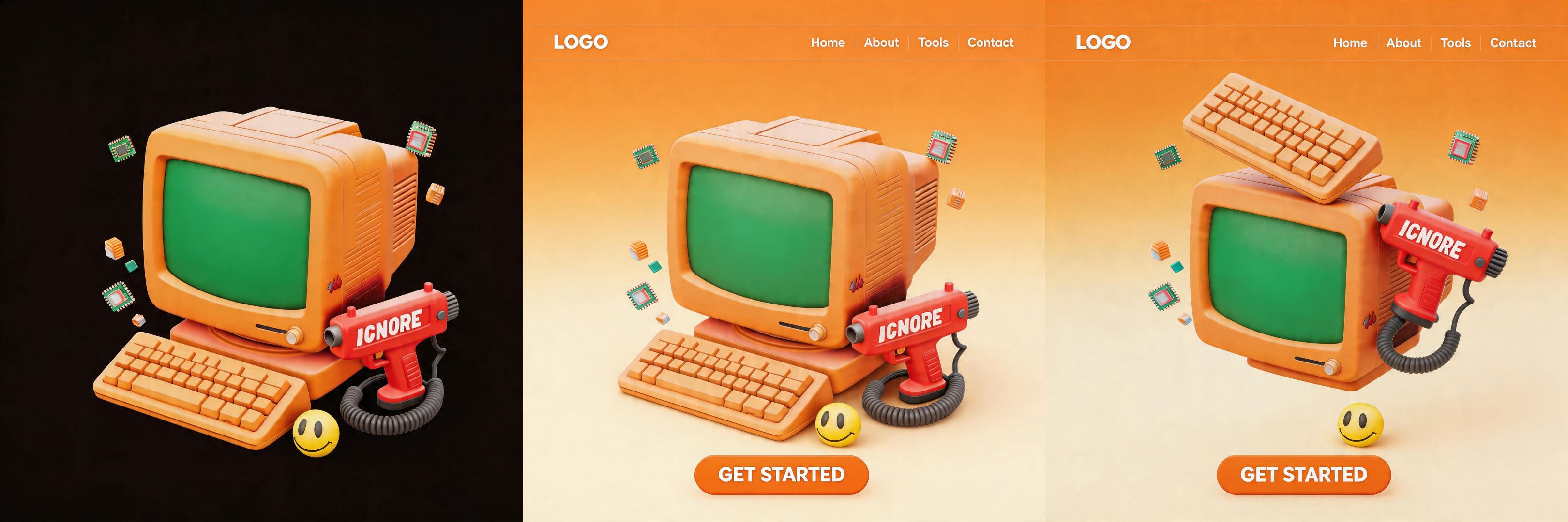 Retro computer 3D model, 90s tech UI mockup, vintage desktop setup with web page design