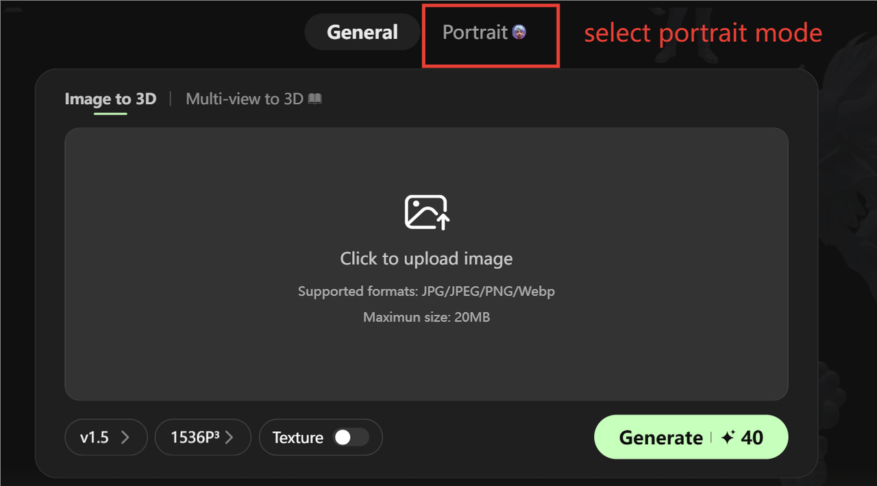 Hitem3D portrait mode interface for generating high-precision print-grade AI 3D character and face models from images
