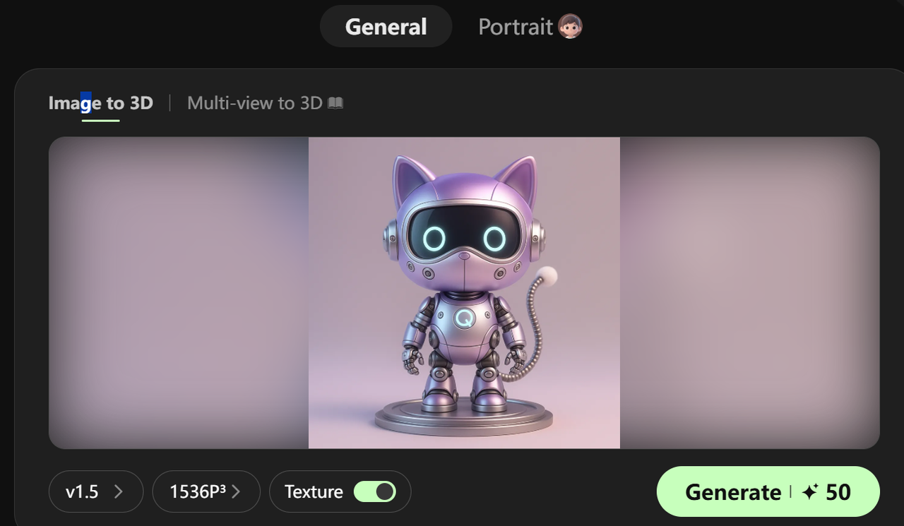 AI-generated cartoon robot cat converted into a high-resolution 3D model with clean topology and PBR textures using Hitem3D