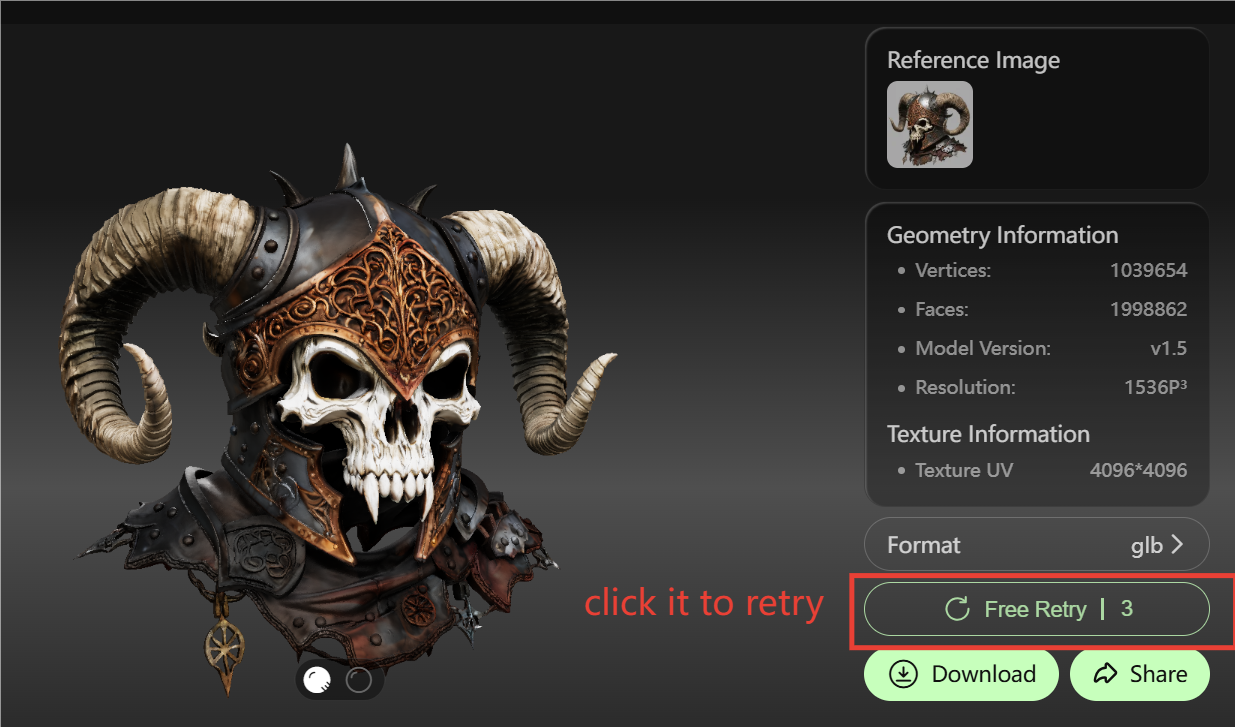 Hitem3D AI 3D model viewer with free retry option for regenerating high precision textured 3D assets