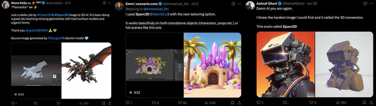 Real user reviews of Hitem3D Sparc3D on Twitter showing AI-generated 3D models from images with high-detail geometry and texturing